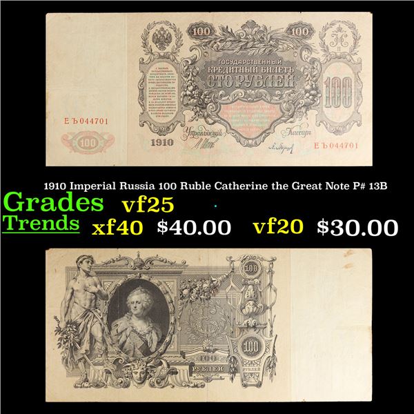 1910 Imperial Russia 100 Ruble Catherine the Great Note P# 13B Grades vf+