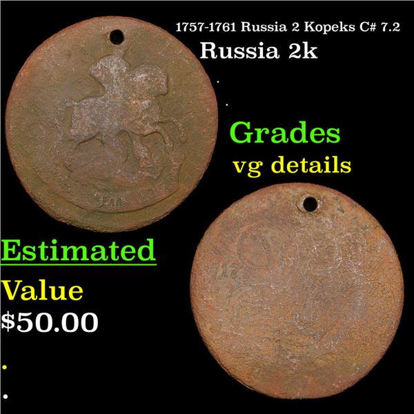 1757-1761 Russia 2 Kopeks C# 7.2 Grades vg details