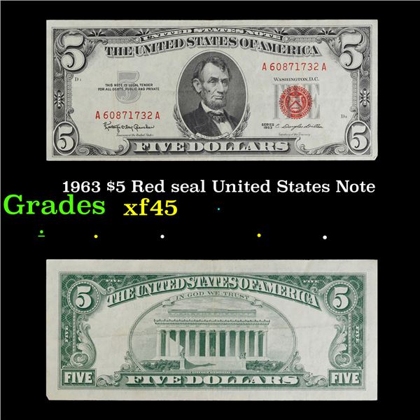 1963 $5 Red seal United States Note Grades xf+