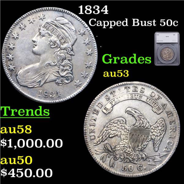 1834 Capped Bust Half Dollar 50c Graded au53 BY SEGS