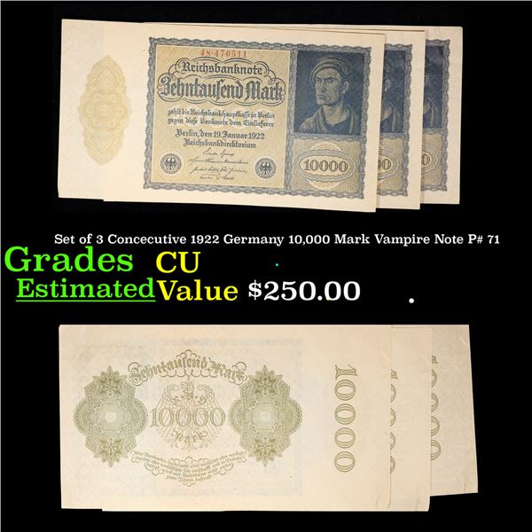 Set of 3 Concecutive 1922 Germany 10,000 Mark Vampire Note P# 71 Grades CU