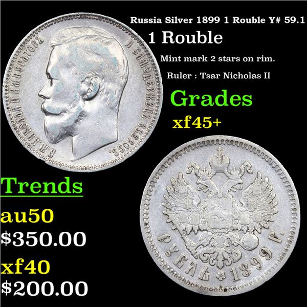 Russia Silver 1899 1 Rouble Y# 59.1 Graded xf45+ By SEGS