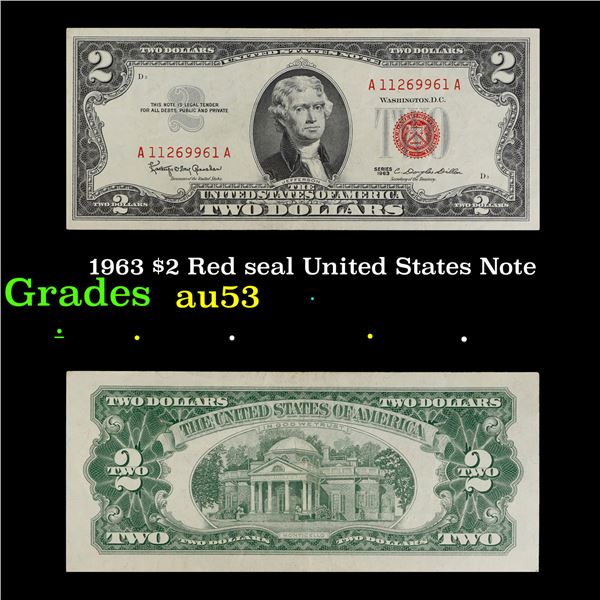 1963 $2 Red seal United States Note Grades Select AU