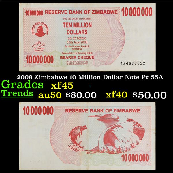 2008 Zimbabwe 10 Million Dollar Note P# 55A Grades xf+