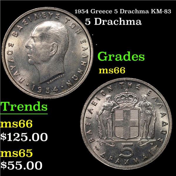 1954 Greece 5 Drachma KM-83 Grades GEM+ Unc