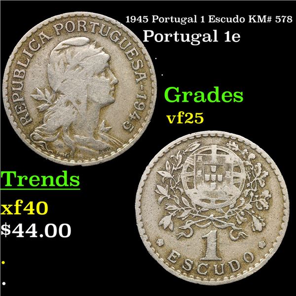 1945 Portugal 1 Escudo KM# 578 Grades vf+