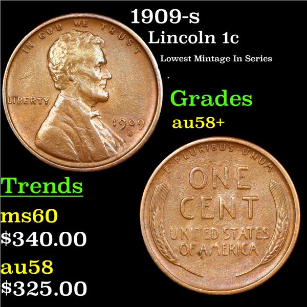 1909-s Lincoln Cent 1c Grades Choice AU/BU Slider+