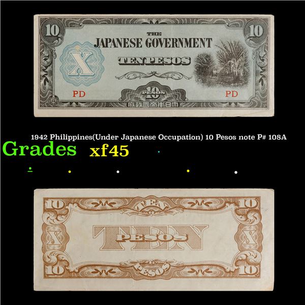 1942 Philippines(Under Japanese Occupation) 10 Pesos note P# 108A Grades xf+