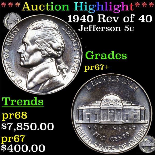 Proof ***Auction Highlight*** 1940 Rev of 40 Jefferson Nickel 5c Graded pr67+ BY SEGS (fc)