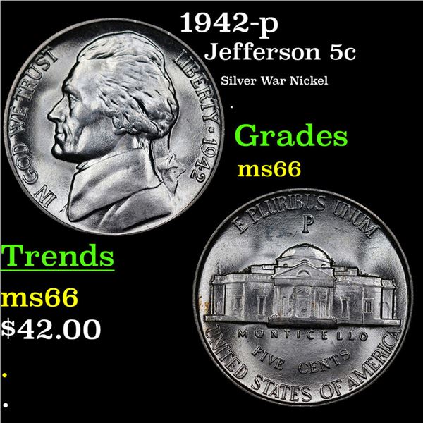 1942-p Jefferson Nickel 5c Grades GEM+ Unc