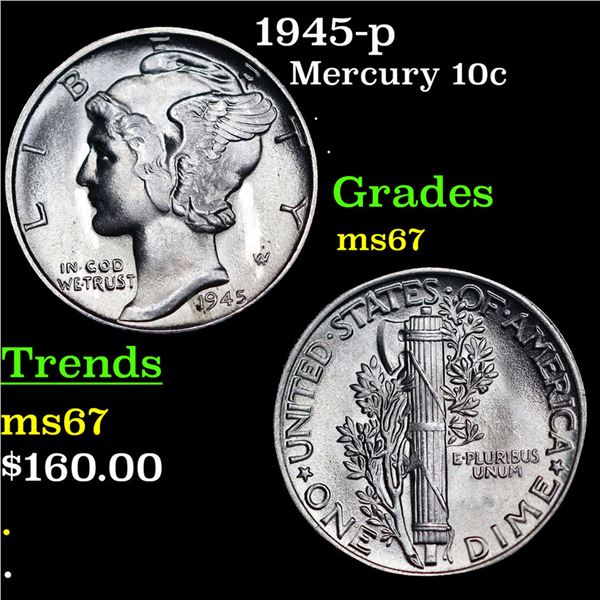 1945-p Mercury Dime 10c Grades GEM++ Unc