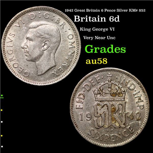 1942 Great Britain 6 Pence Silver KM# 852 Grades Choice AU/BU Slider