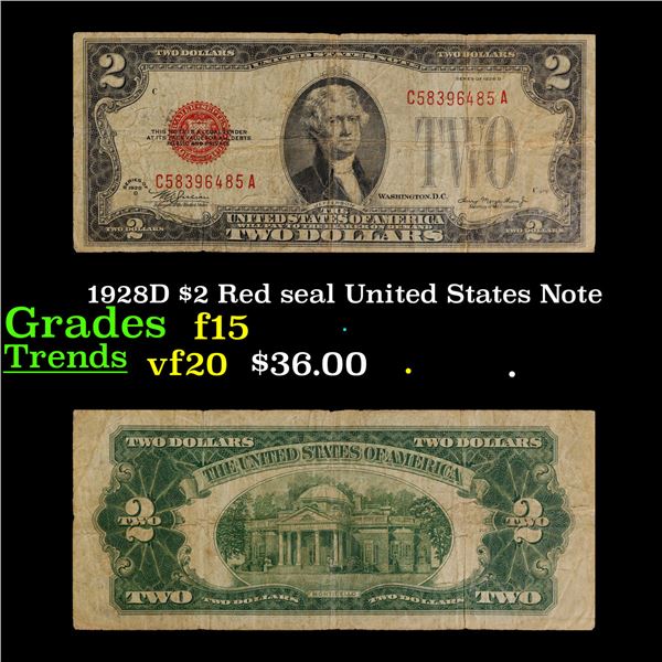 1928D $2 Red seal United States Note Grades f+