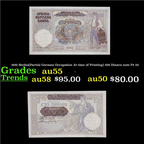 1941 Serbia(Partial German Occupation At time of Printing) 100 Dinara note P# 23 Grades Choice AU