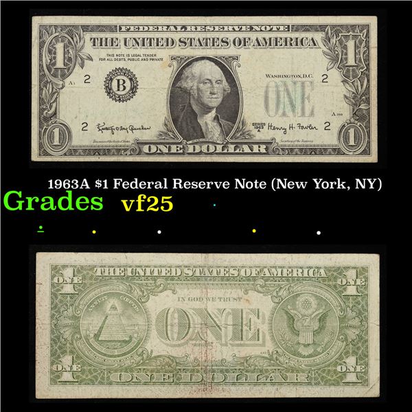 1963A $1 Federal Reserve Note (New York, NY) Grades vf+