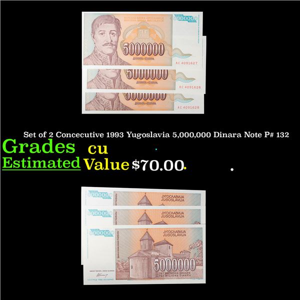 Set of 2 Concecutive 1993 Yugoslavia 5,000,000 Dinara Note P# 132 Grades CU