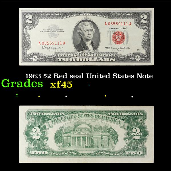 1963 $2 Red seal United States Note Grades xf+