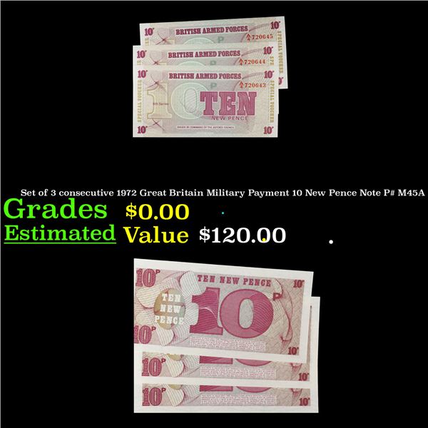 Set of 3 consecutive 1972 Great Britain Military Payment 10 New Pence Note P# M45A Grades CU