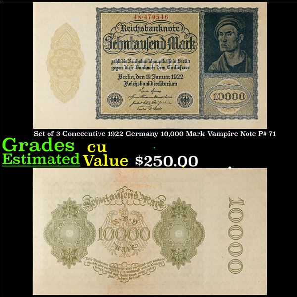 Set of 3 Concecutive 1922 Germany 10,000 Mark Vampire Note P# 71 Grades CU
