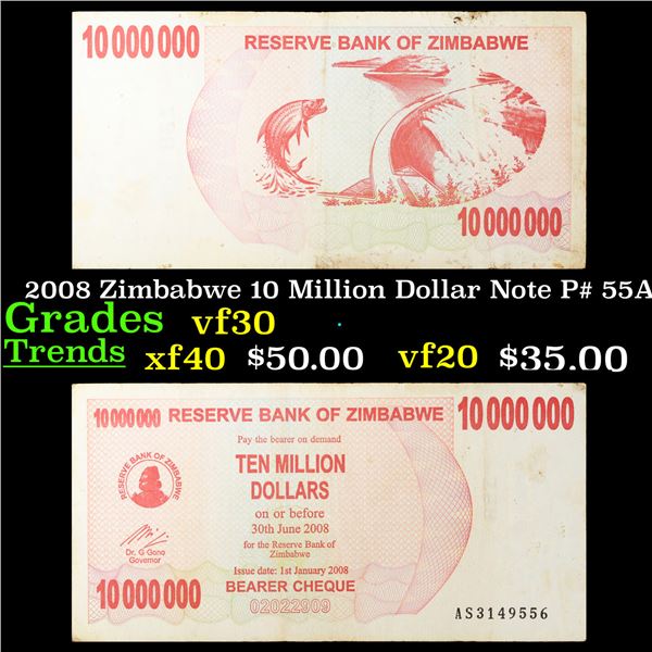 2008 Zimbabwe 10 Million Dollar Note P# 55A Grades vf++