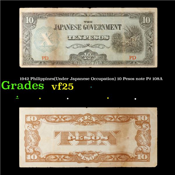 1942 Philippines(Under Japanese Occupation) 10 Pesos note P# 108A Grades vf+