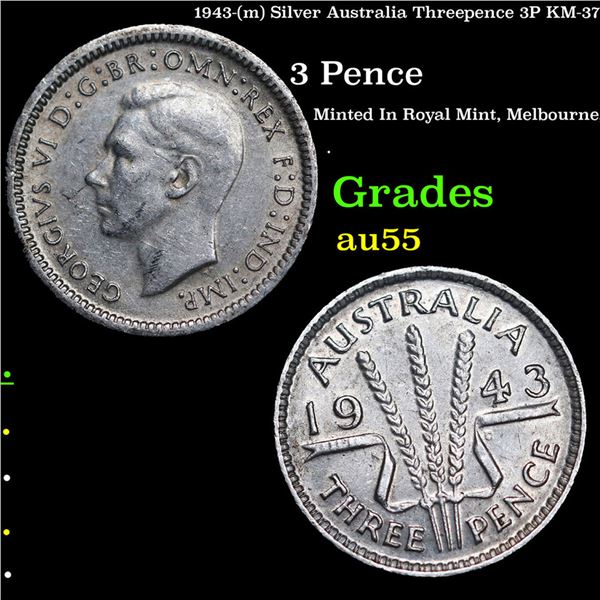 1943-(m) Silver Australia Threepence 3P KM-37 Grades Choice AU