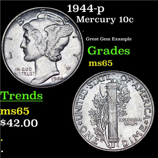 1944-p Mercury Dime 10c Grades GEM Unc