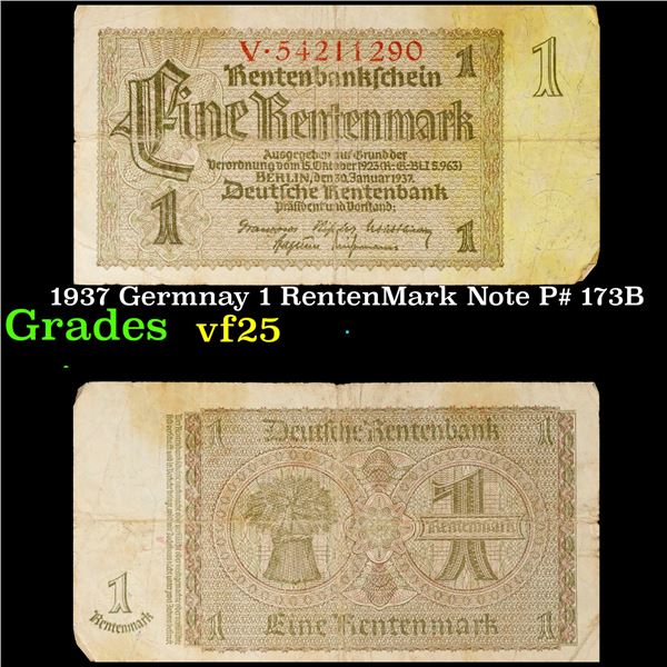 1937 Germnay 1 RentenMark Note P# 173B Grades vf+