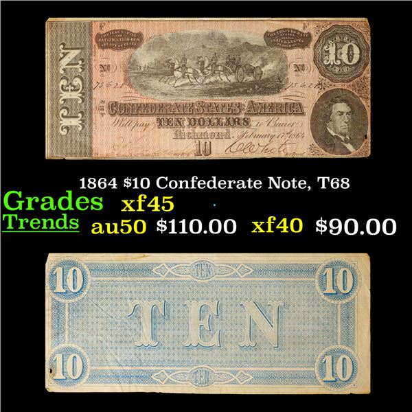 1864 $10 Confederate Note, T68 Grades xf+