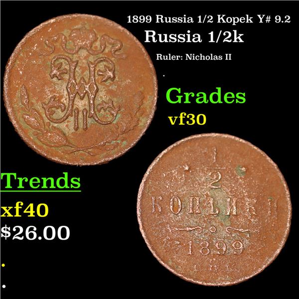 1899 Russia 1/2 Kopek Y# 9.2 Grades vf++