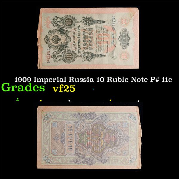 1909 Imperial Russia 10 Ruble Note P# 11c Grades vf+