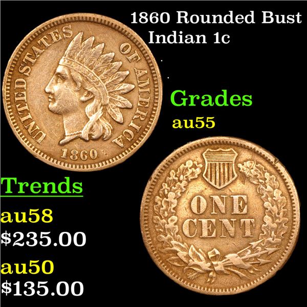1860 Rounded Bust Indian Cent 1c Grades Choice AU