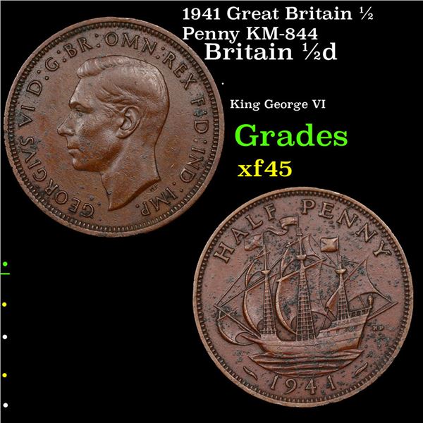 1941 Great Britain 1/2 Penny KM-844 Grades xf+