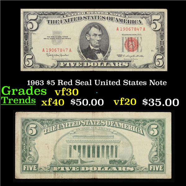 1963 $5 Red Seal United States Note Grades vf++
