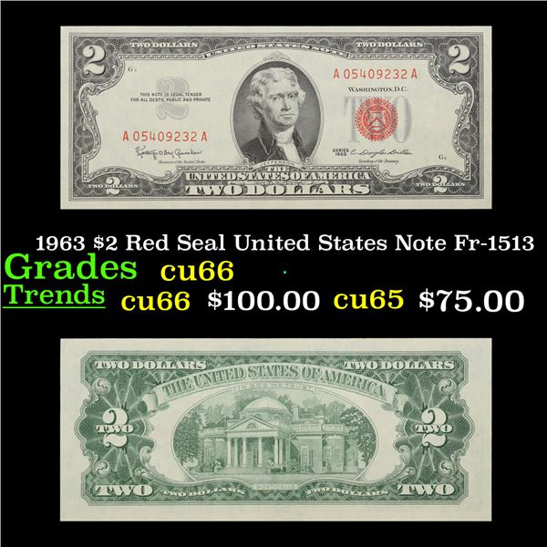 1963 $2 Red Seal United States Note Fr-1513 Grades Gem+ CU