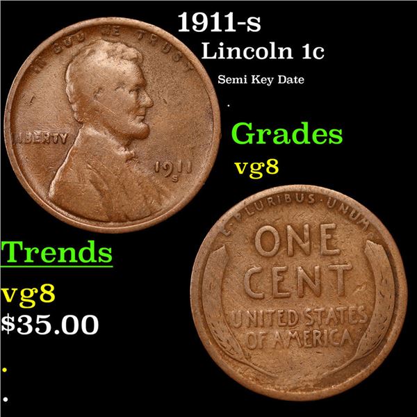 1911-s Lincoln Cent 1c Grades vg, very good