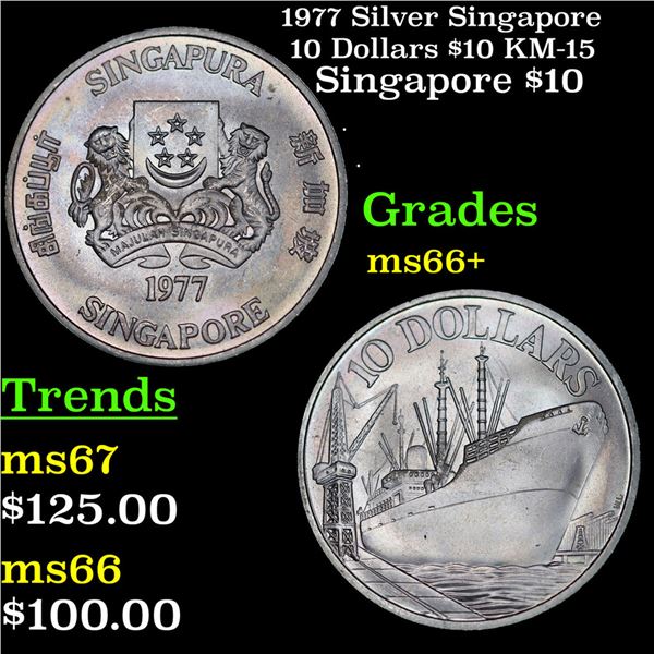 1977 Silver Singapore 10 Dollars $10 KM-15 Grades GEM++ Unc