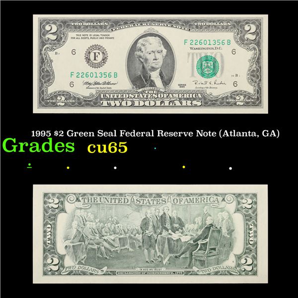 1995 $2 Green Seal Federal Reserve Note (Atlanta, GA) Grades Gem CU