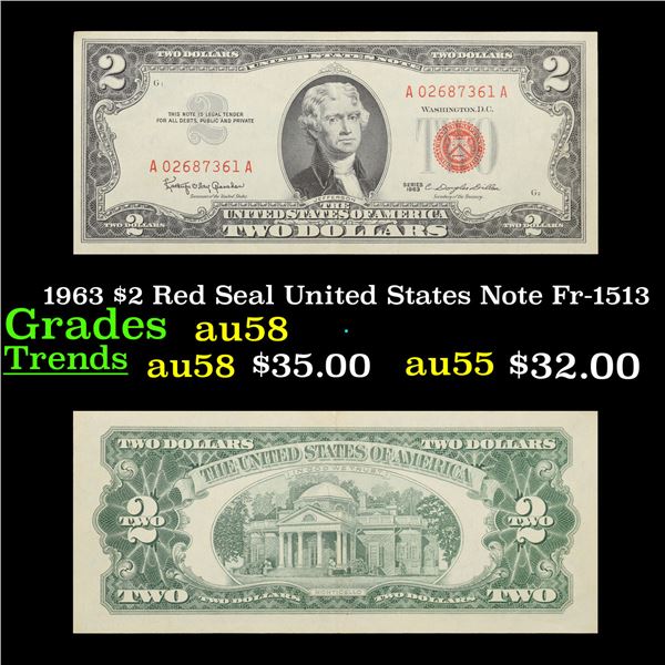 1963 $2 Red Seal United States Note Fr-1513 Grades Choice AU/BU Slider