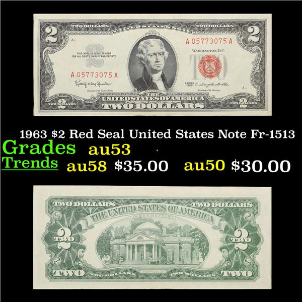 1963 $2 Red Seal United States Note Fr-1513 Grades Select AU