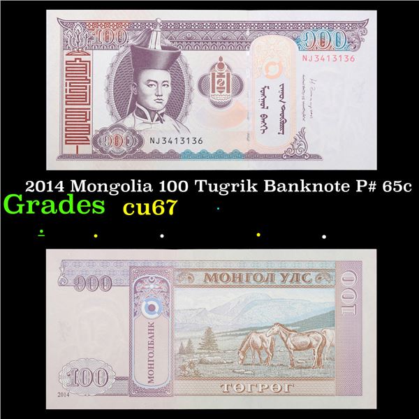 2014 Mongolia 100 Tugrik Banknote P# 65c Grades Gem++ CU