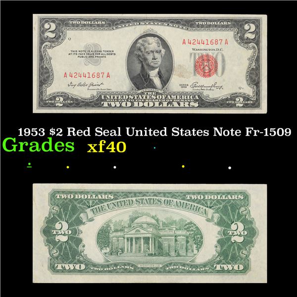1953 $2 Red Seal United States Note Fr-1509 Grades xf