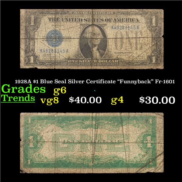 1928A $1 Blue Seal Silver Certificate "Funnyback" Fr-1601 Grades g+