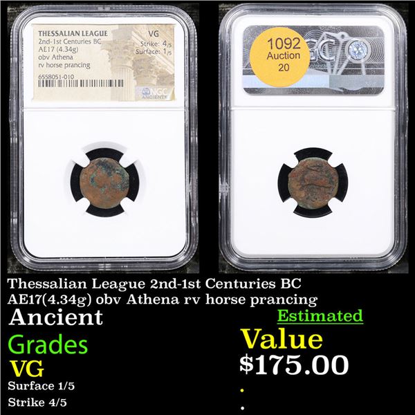 NGC Thessalian League 2nd-1st Centuries BC AE17(4.34g) obv Athena rv horse prancing Graded VG By NGC
