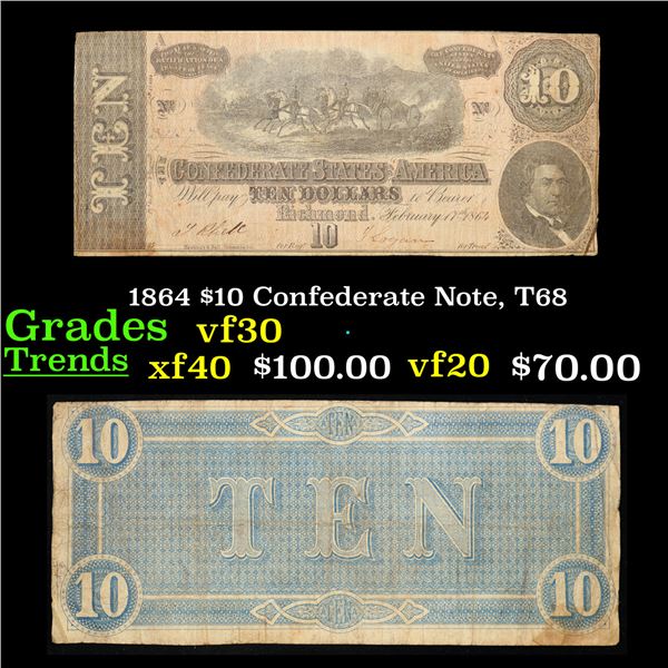 1864 $10 Confederate Note, T68 Grades vf++