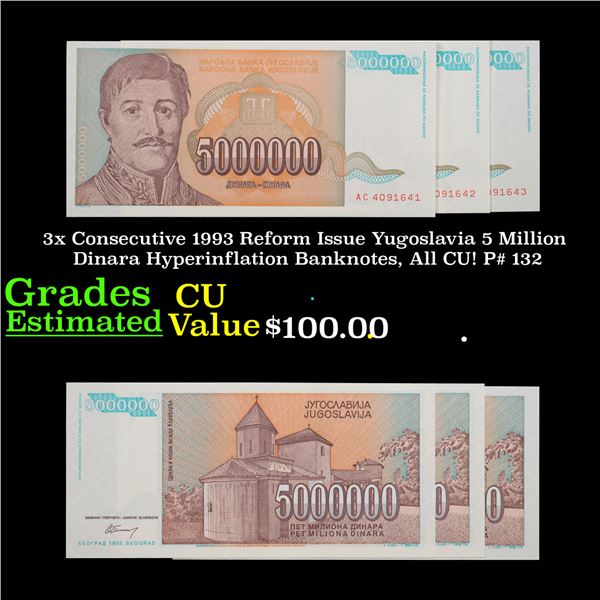 3x Consecutive 1993 Reform Issue Yugoslavia 5 Million Dinara Hyperinflation Banknotes, All CU! P# 13