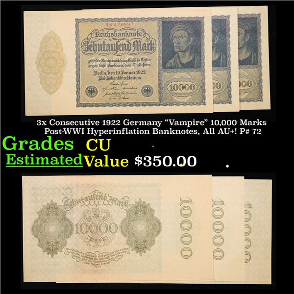 3x Consecutive 1922 Germany "Vampire" 10,000 Marks Post-WWI Hyperinflation Banknotes, All AU+! P# 72