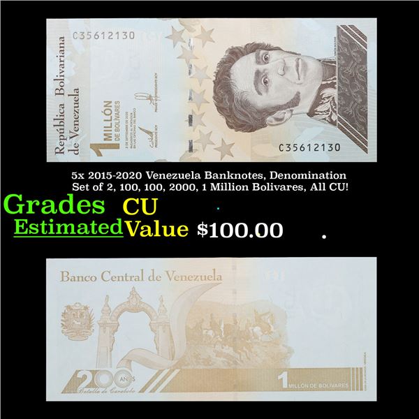 5x 2015-2020 Venezuela Banknotes, Denomination Set of 2, 100, 100, 2000, 1 Million Bolivares, All CU