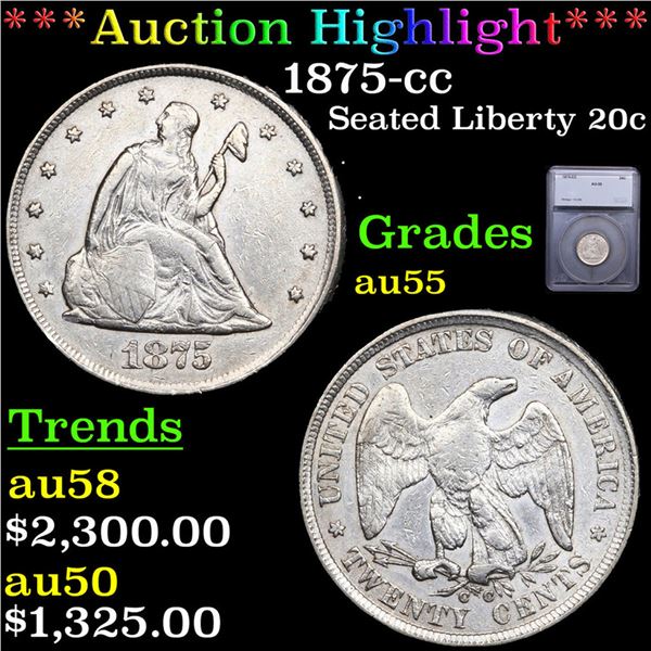 ***Auction Highlight*** 1875-cc Twenty Cent Piece 20c Graded au55 By SEGS (fc)