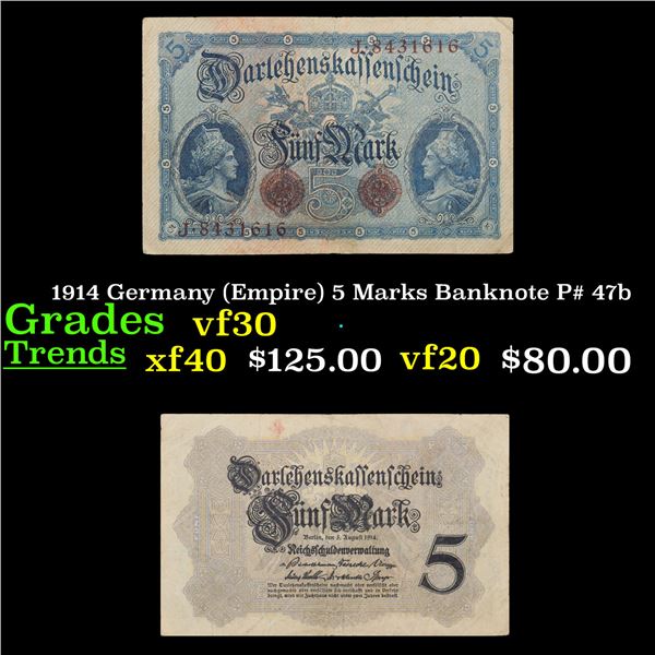 1914 Germany (Empire) 5 Marks Banknote P# 47b Grades vf++